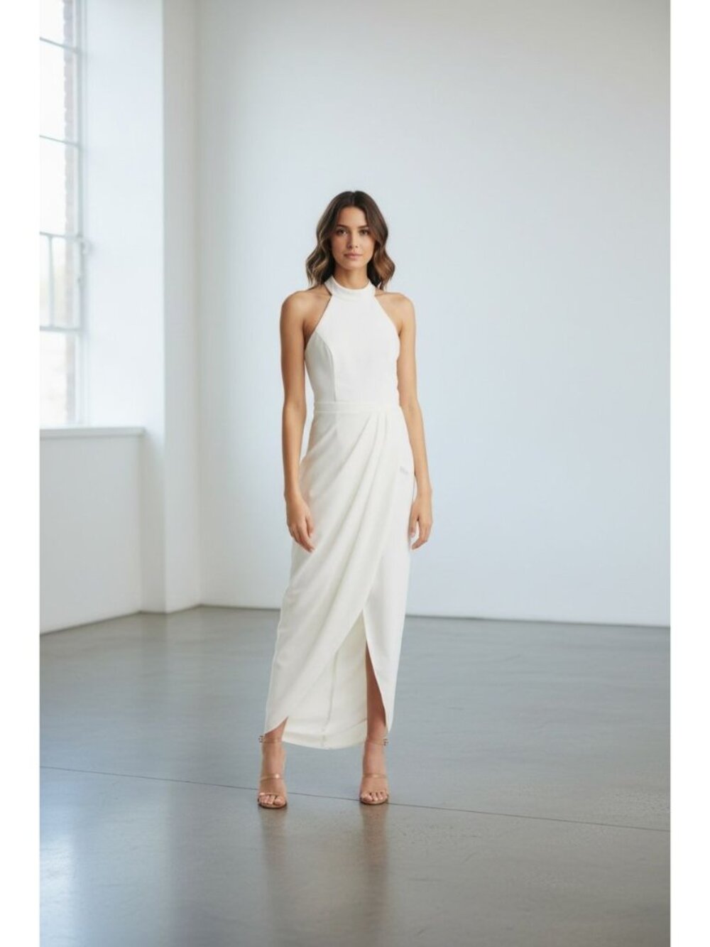 XSCAPE Women's Ivory Long Choker-Neck Crepe Gown 2